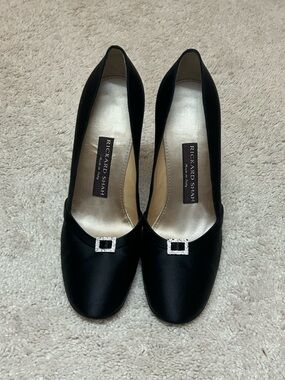 Rickard Shah Black Satin Women's Dress Pumps with Crystal Buckle